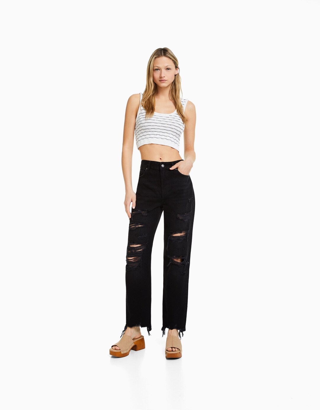Ripped, cropped, straight-leg jeans