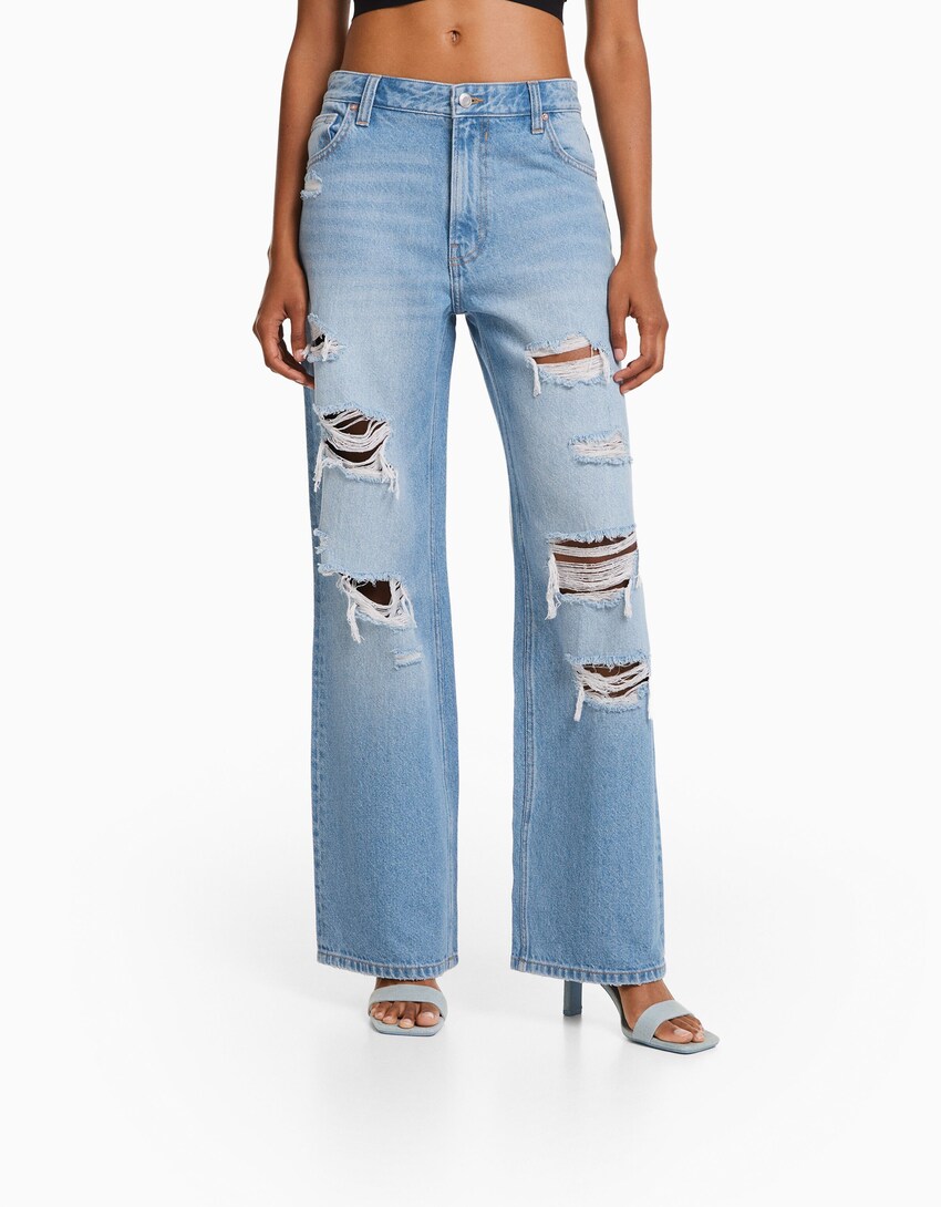 Ripped faded wide-leg ’90s jeans-Light blue-1