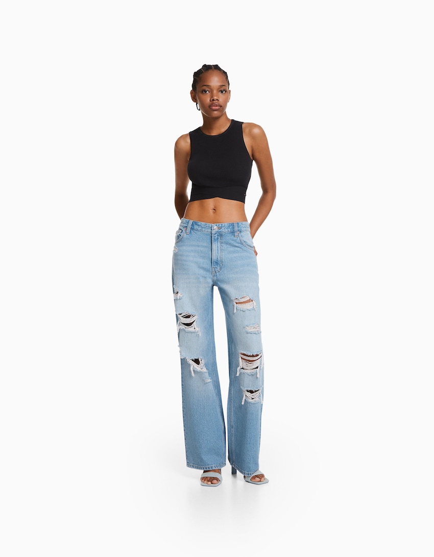 Ripped faded wide-leg ’90s jeans-Light blue-0