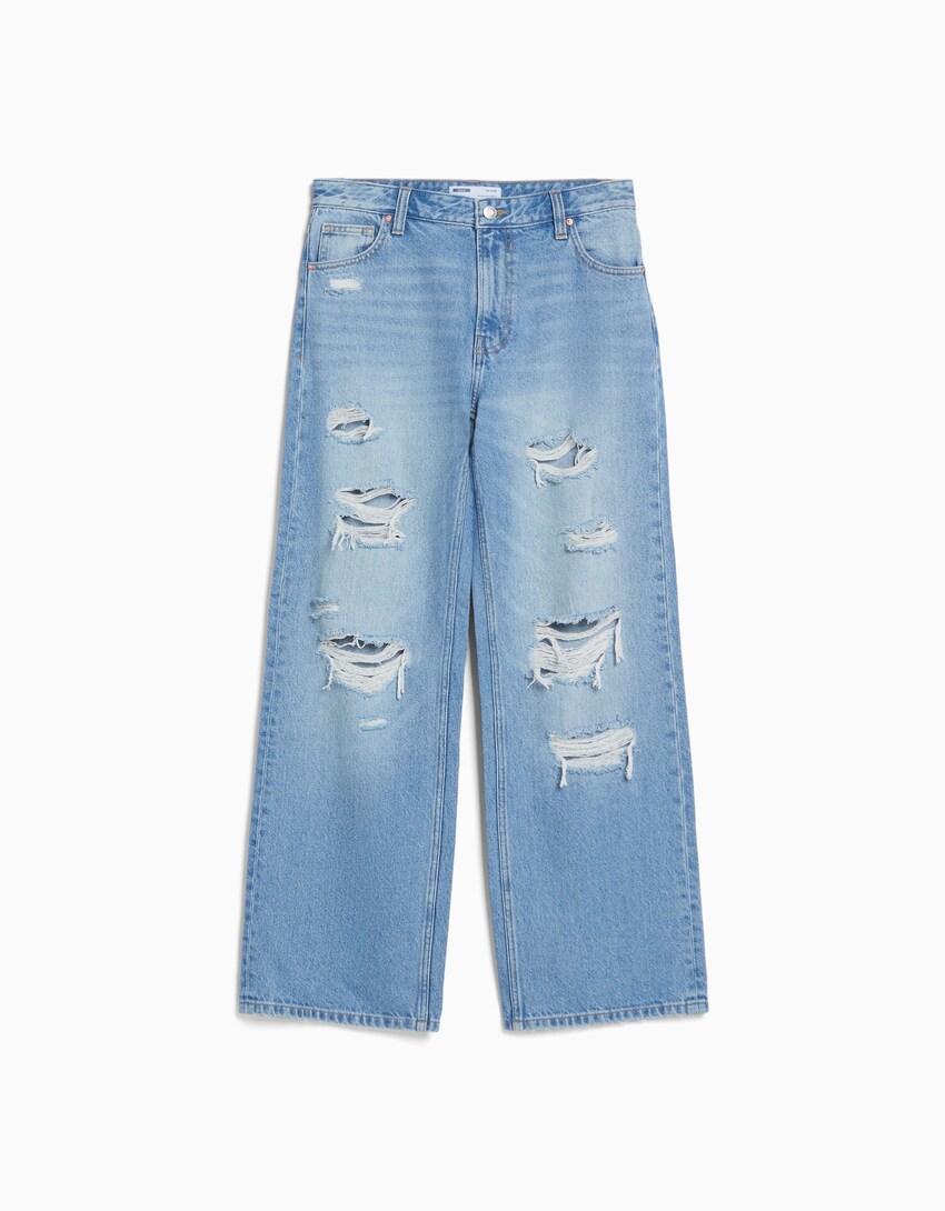 Ripped faded wide-leg ’90s jeans-Light blue-4