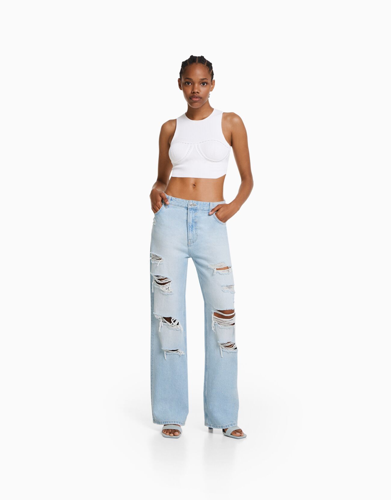 Women's Low-Rise Light Wash Ripped Baggy Jeans, Women's Bottoms