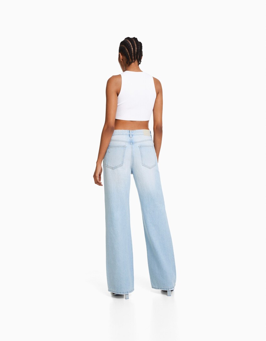 Ripped faded wide-leg ’90s jeans-Light blue-3