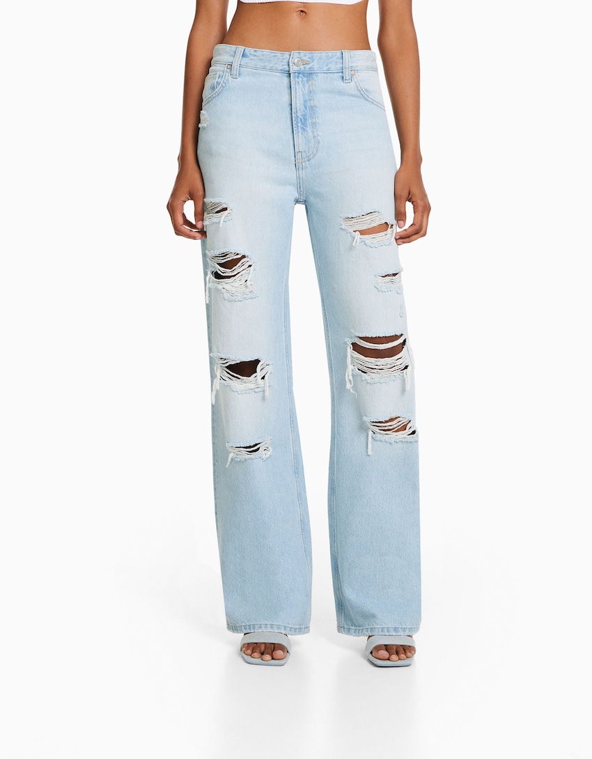 Ripped faded wide-leg ’90s jeans-Light blue-1