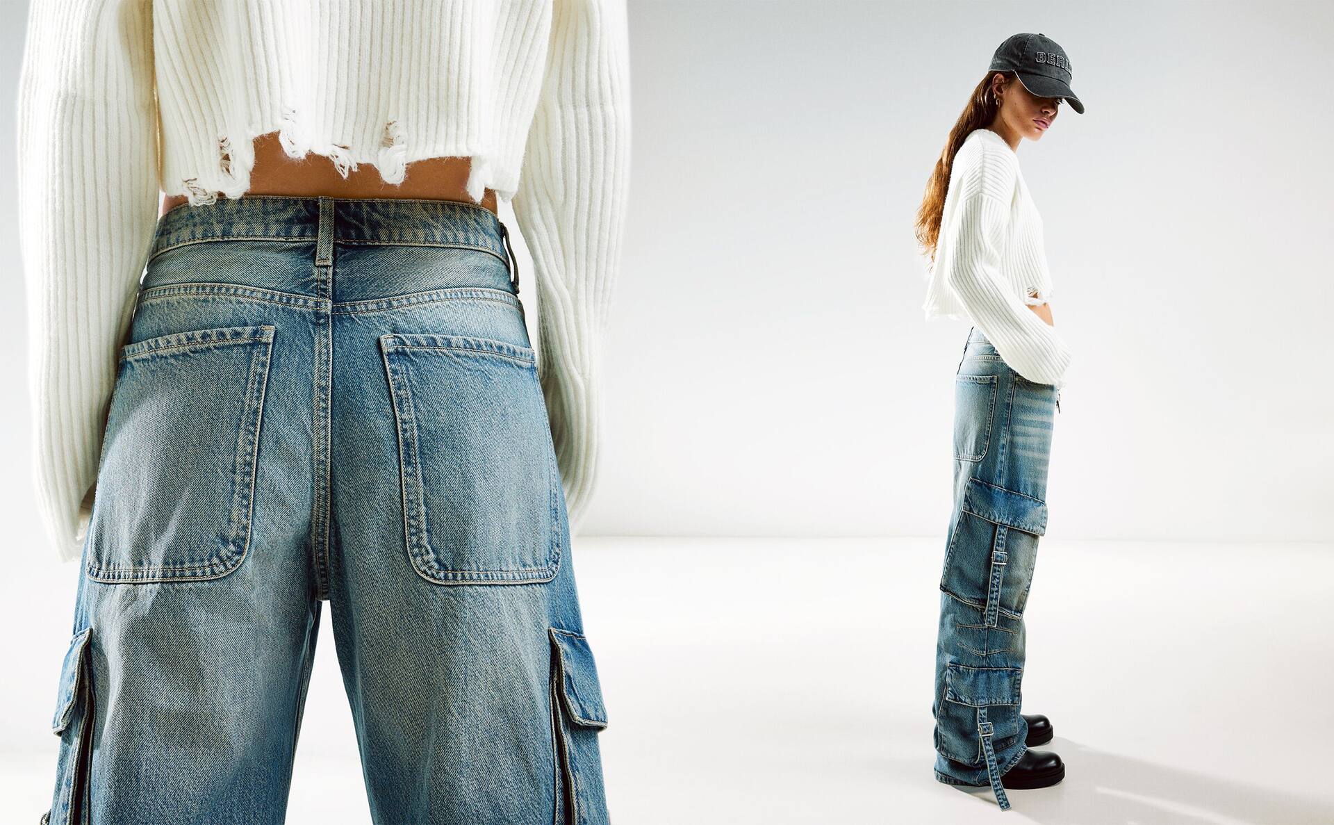 Ohlapne jeans hlače z visokim pasom in žepi s trakovi