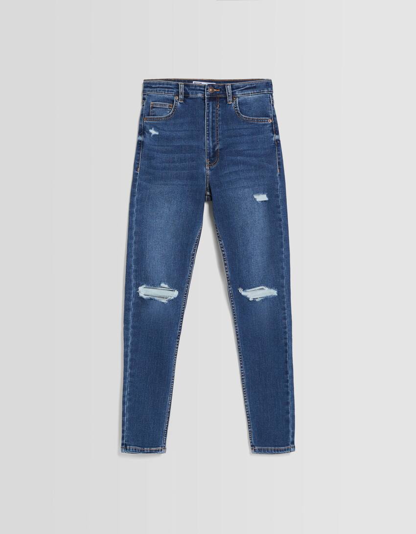 Ripped super high-waist skinny jeans-Blue-0