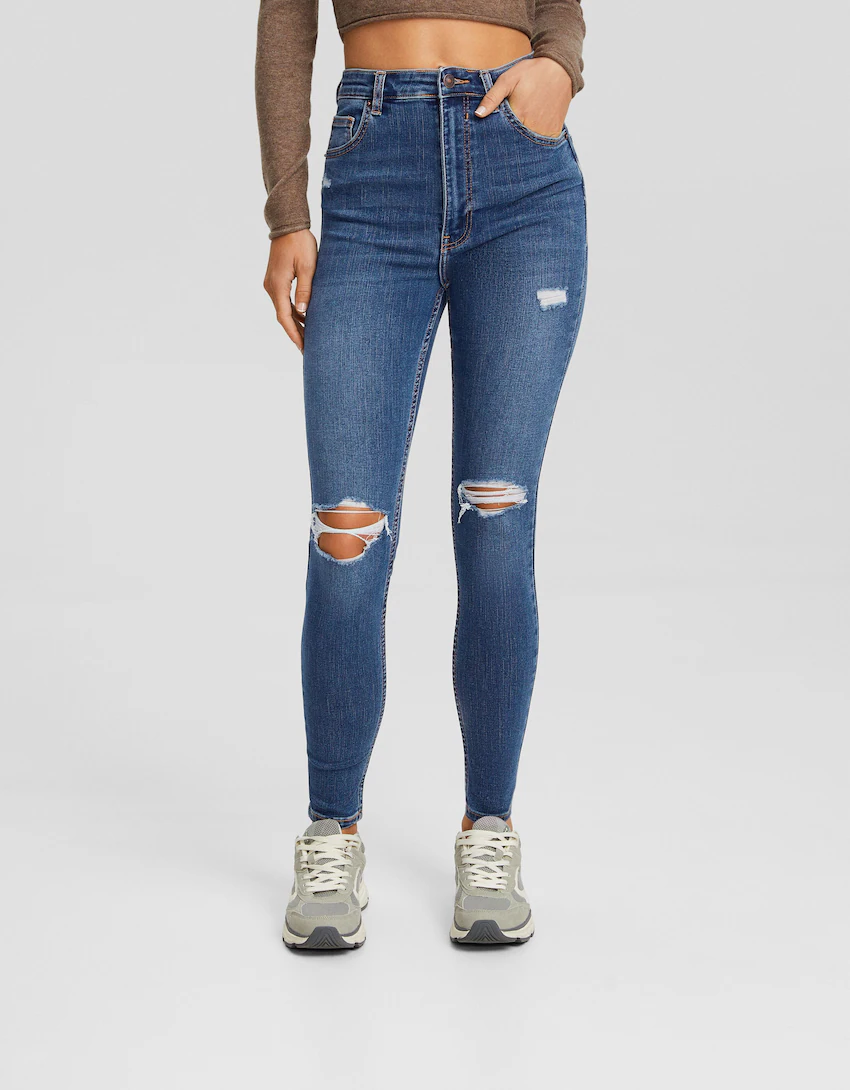 Super højtaljede, skinny fit jeans med huller - Denim - | Bershka