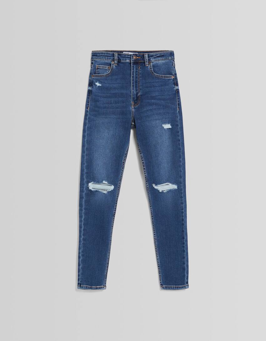 Ripped super high-waist skinny jeans-Blue-4