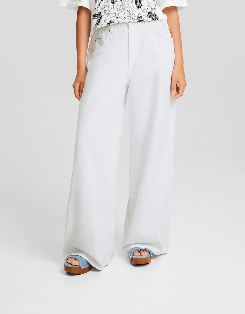 Relaxed-fit wide-leg twill pants-White-1