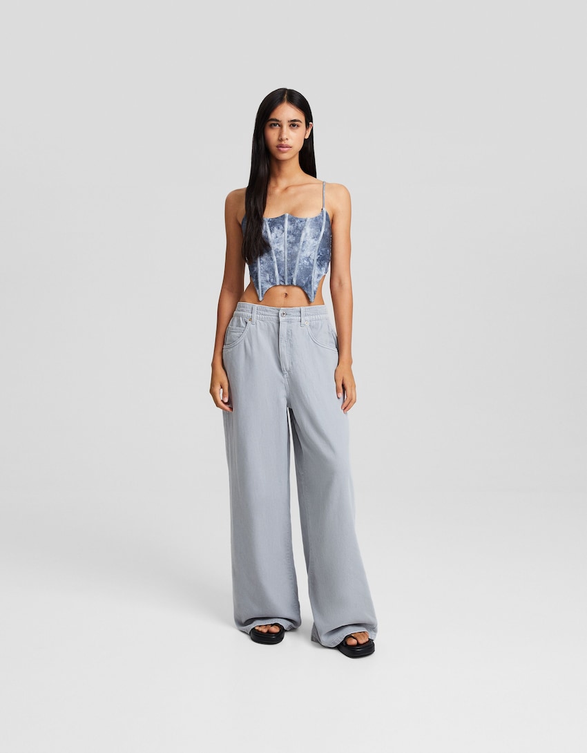 Relaxed-fit wide-leg twill pants-Washed out blue-0