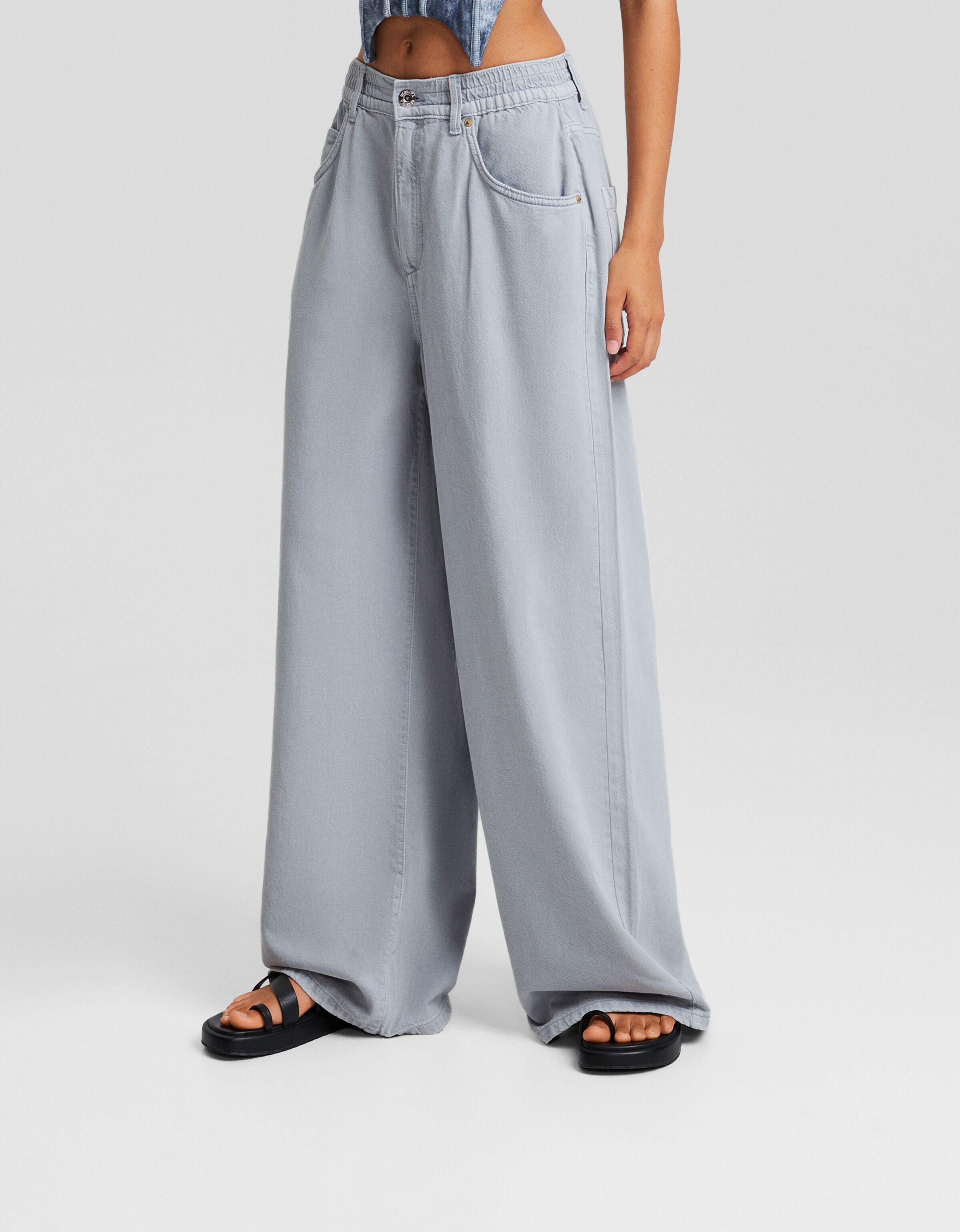 Wide leg twill trousers sales