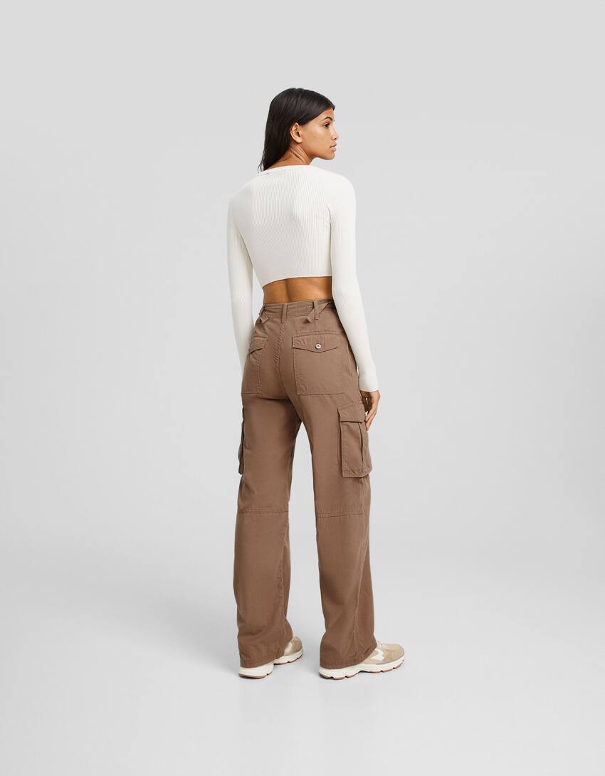 Adjustable straight cargo trousers-Brown-2