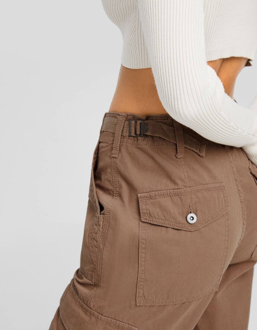 Adjustable straight cargo trousers-Brown-3