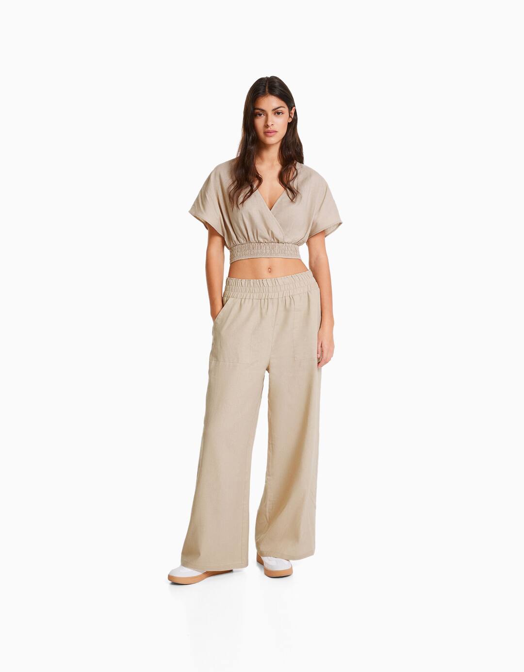 Linen culottes with elastic waistband and pockets