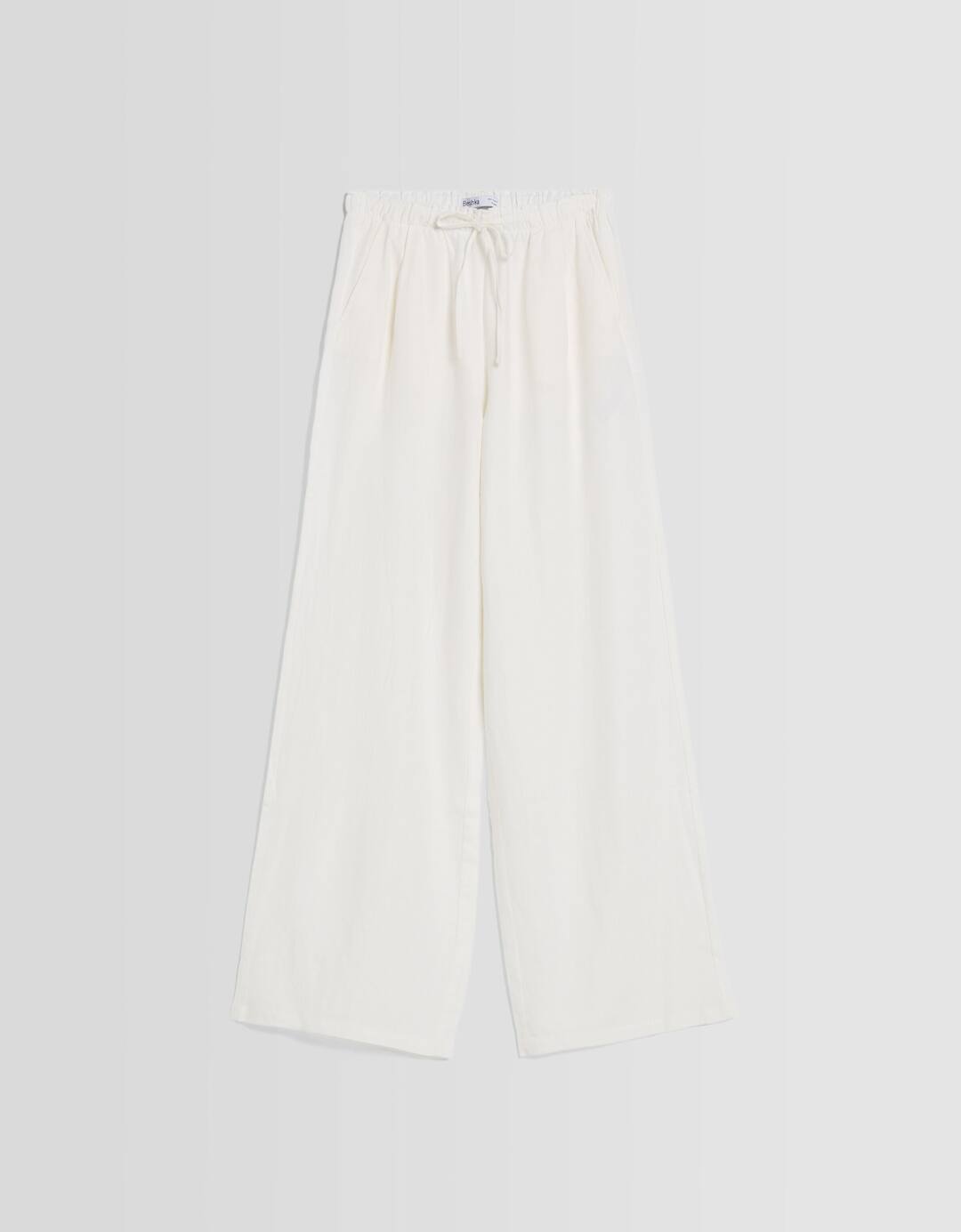 Wide-leg linen blend trousers with gathered waist