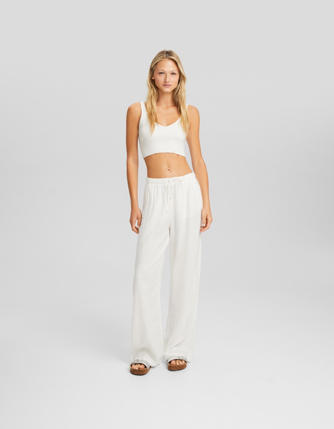 Pantalon wide leg avec lin taille froncée
