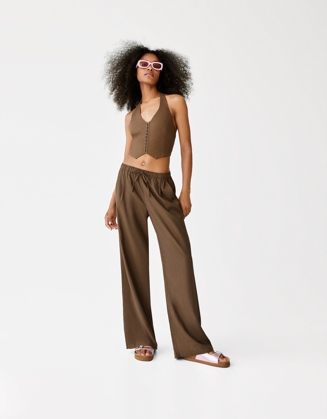Pantalón wide leg con lino cintura frunce