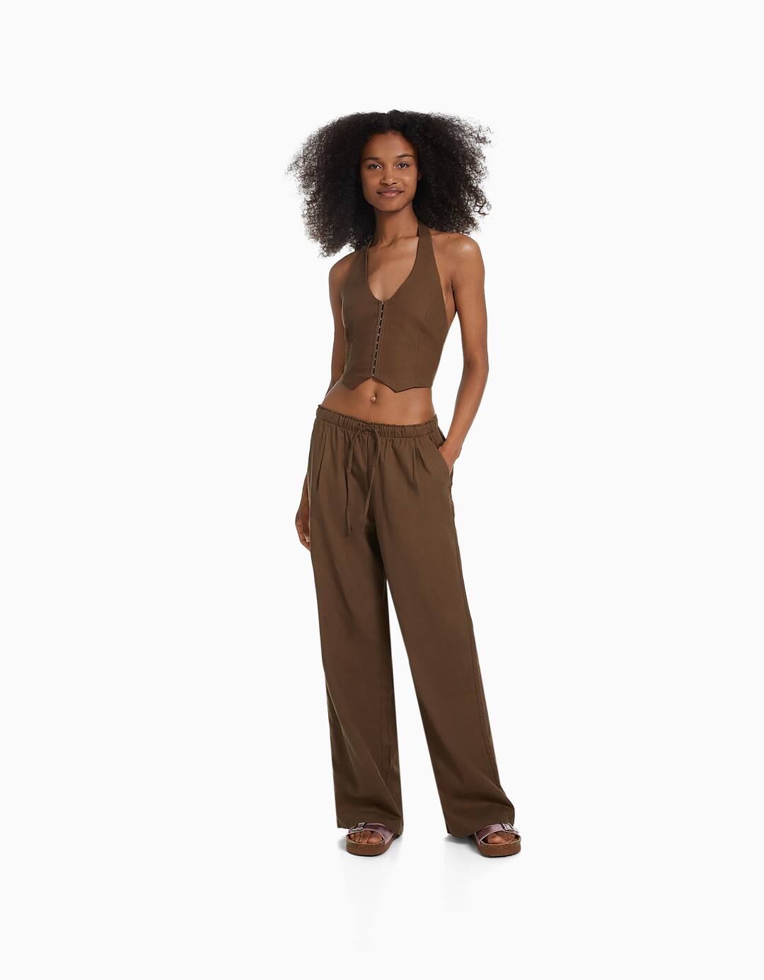 Wide-leg linen blend trousers with gathered waist