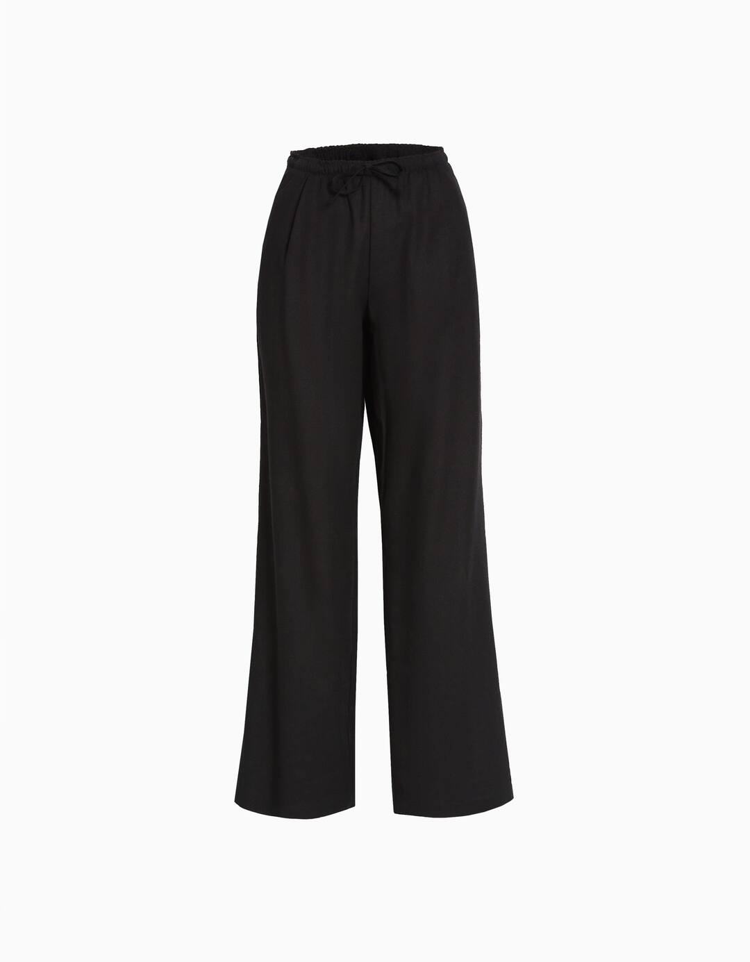 Wide-leg linen blend trousers with gathered waist