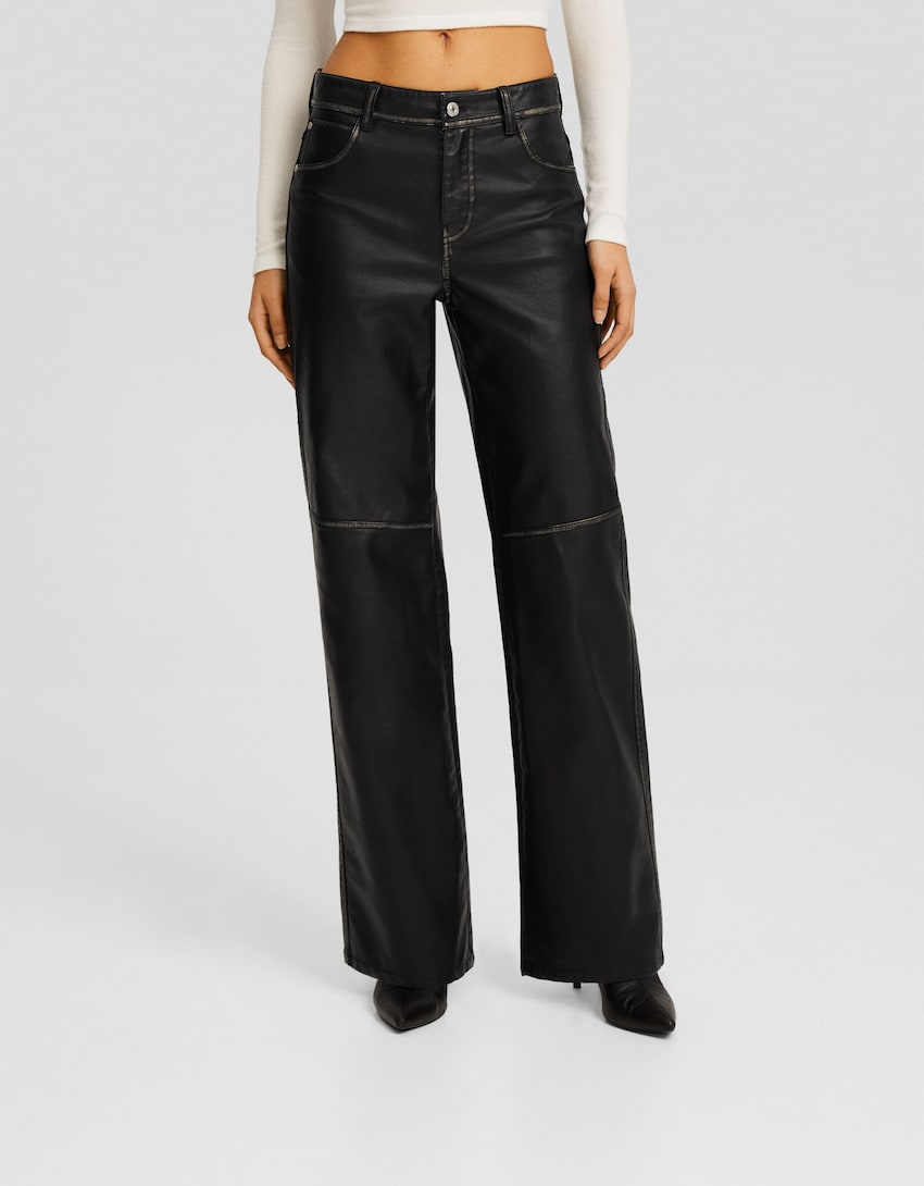 Distressed leather effect straight fit trousers - BSK Teen | Bershka