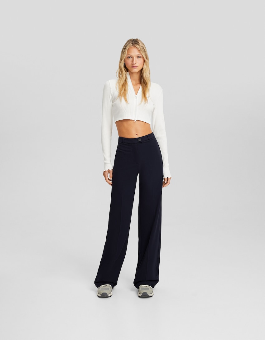 Wide-leg tailored trousers with belt loops-Navy-0