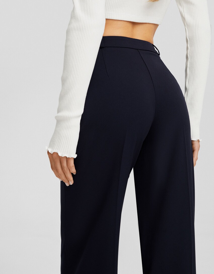 Wide-leg tailored trousers with belt loops-Navy-3