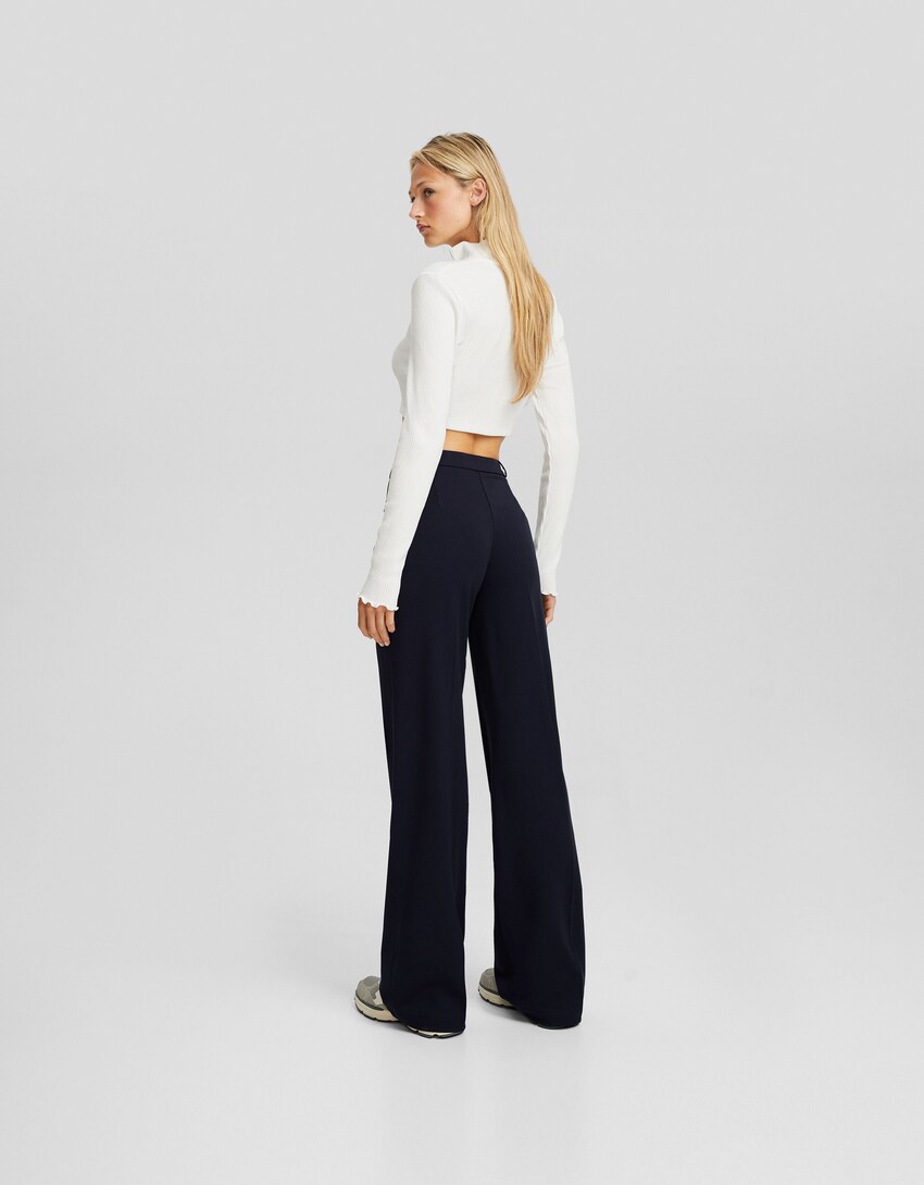 Wide-leg tailored trousers with belt loops-Navy-2