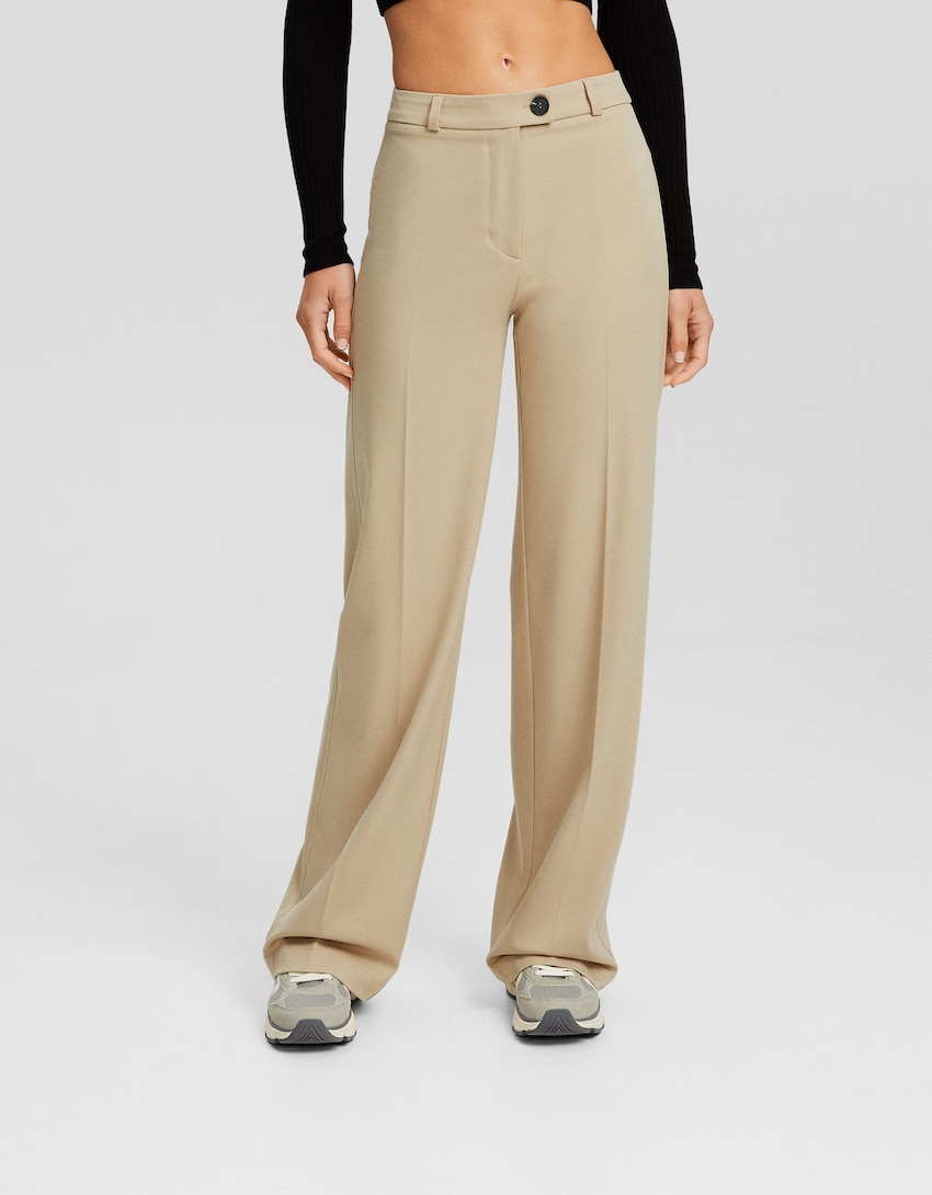 Wide-leg tailored trousers with belt loops-Beige-1
