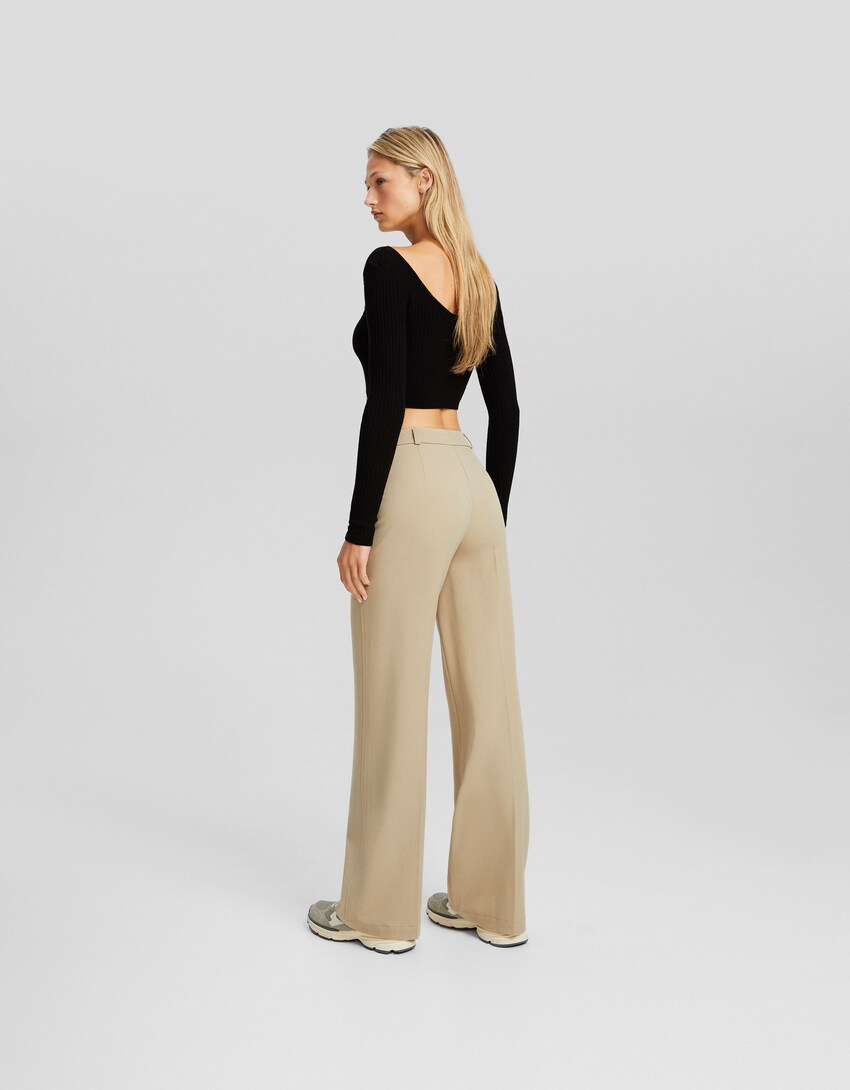 Wide-leg tailored trousers with belt loops-Beige-2