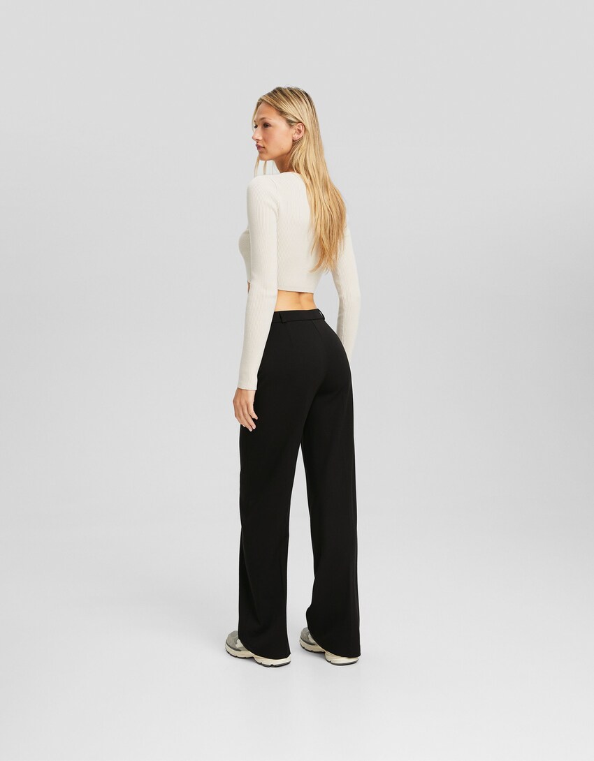 Wide-leg tailored trousers with belt loops-Black-2