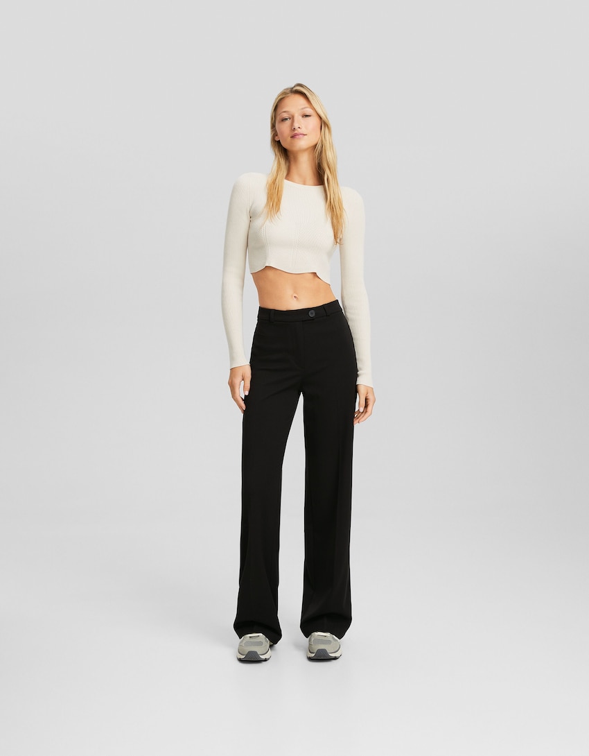 Wide-leg tailored trousers with belt loops-Black-0
