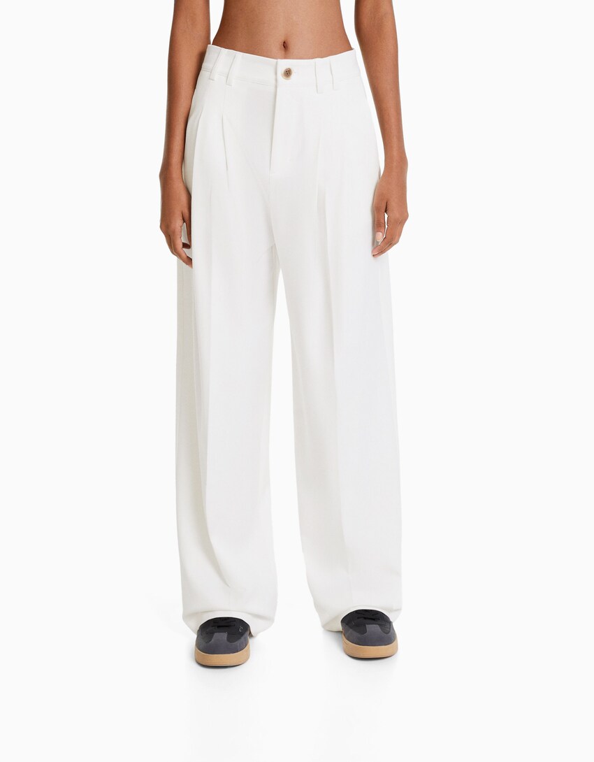 Pantalón straight tailoring pliegues-Blanco roto-1