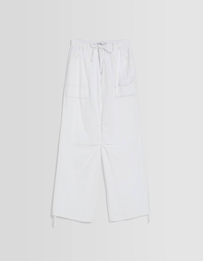 Rustic cotton blend straight fit trousers-Off white-4