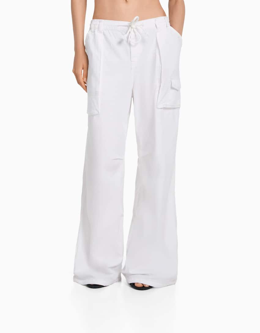 Rustic cotton blend straight fit trousers-Off white-1