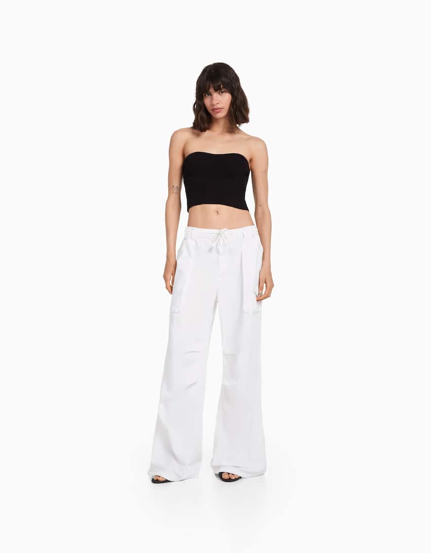 Rustic cotton blend straight fit trousers-Off white-0