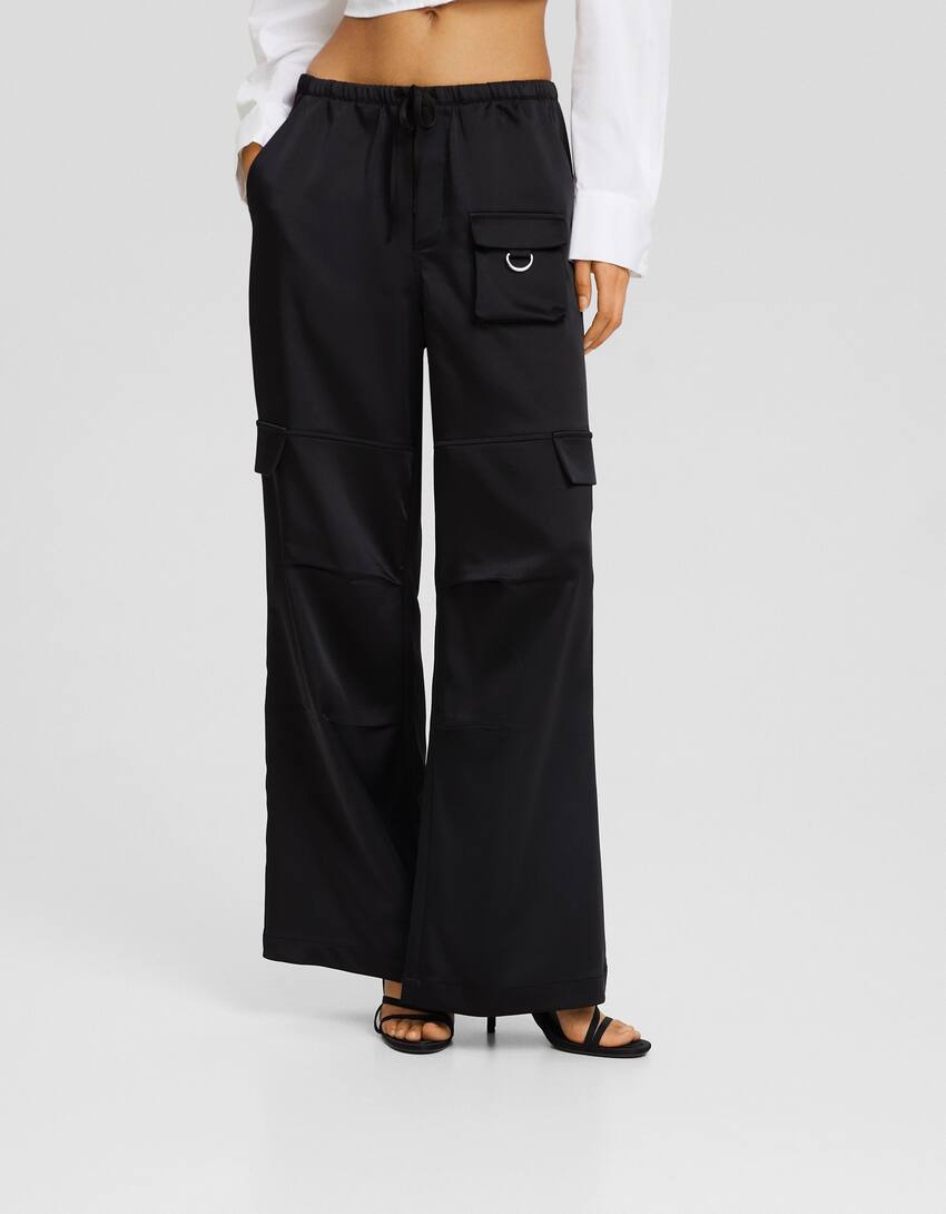 Wide-leg satin cargo trousers-Black-1