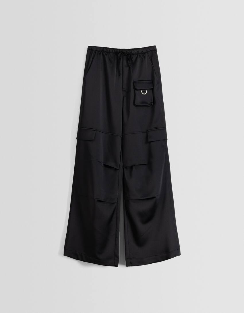 Wide-leg satin cargo trousers-Black-4