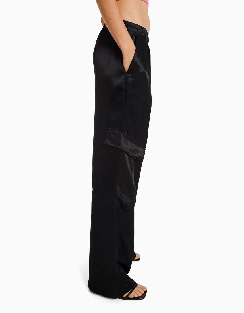 Wide-leg satin trousers with pockets-Black-3