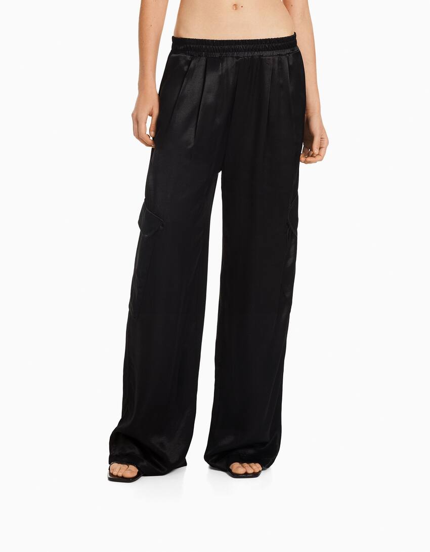 Wide-leg satin trousers with pockets-Black-1