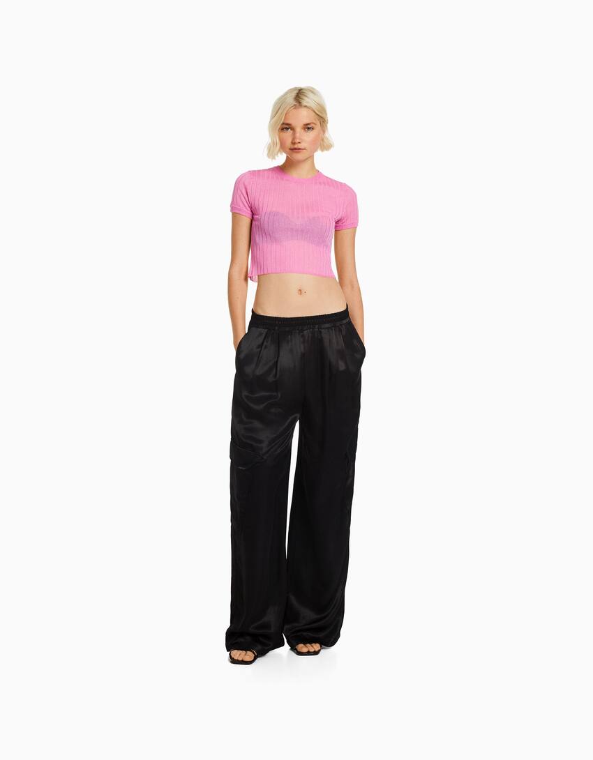 Wide-leg satin trousers with pockets-Black-0