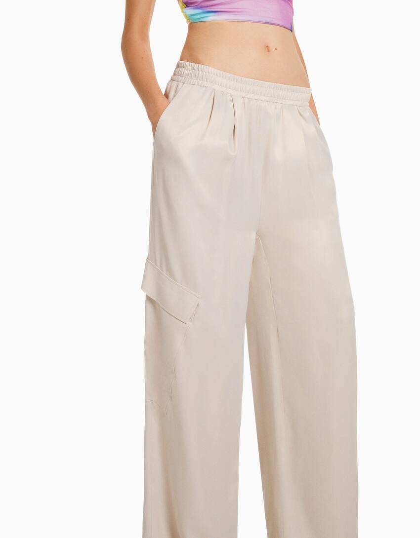 Wide-leg satin trousers with pockets-Stone-3