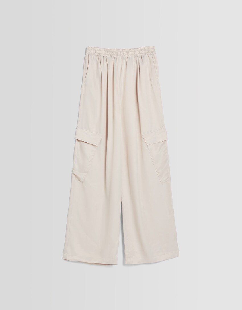 Wide-leg satin pants with pockets-Stone-4
