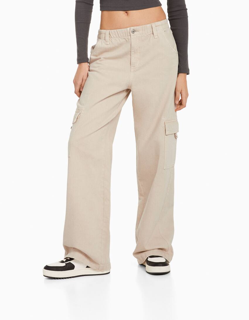 Straight fit twill cargo trousers with an elastic waistband-Stone-1