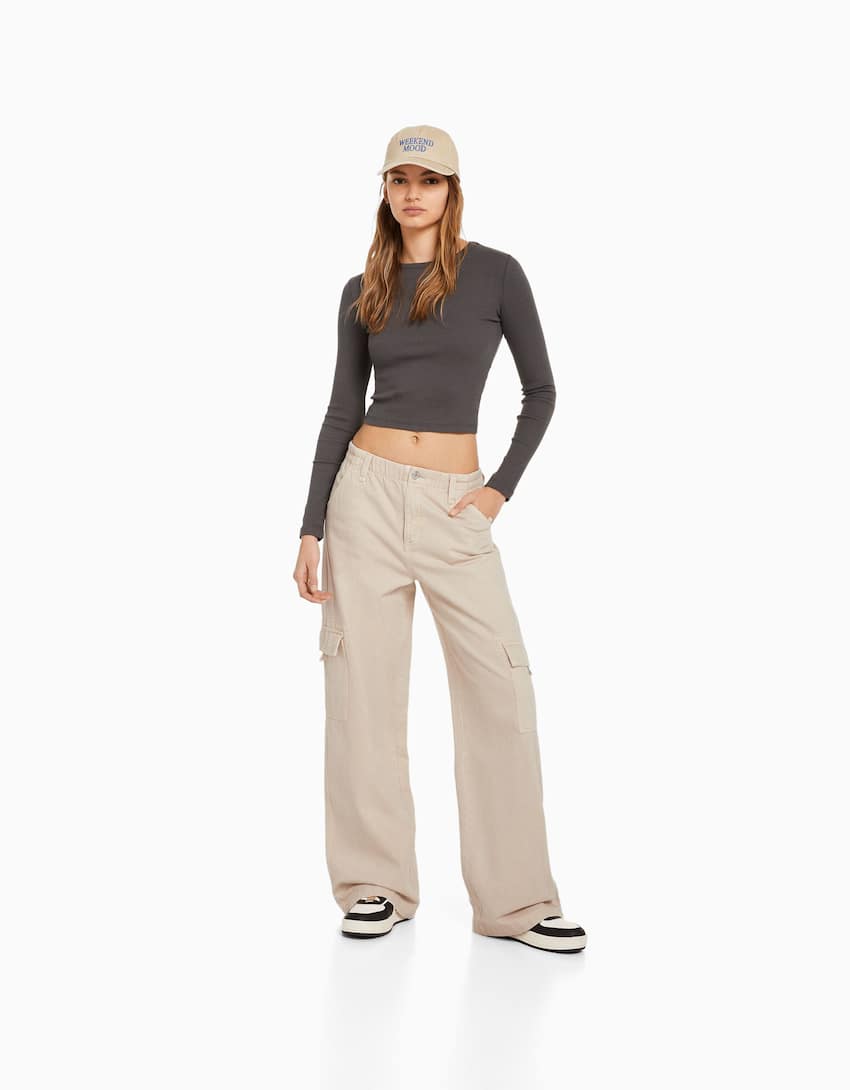 Straight fit twill cargo trousers with an elastic waistband-Stone-0