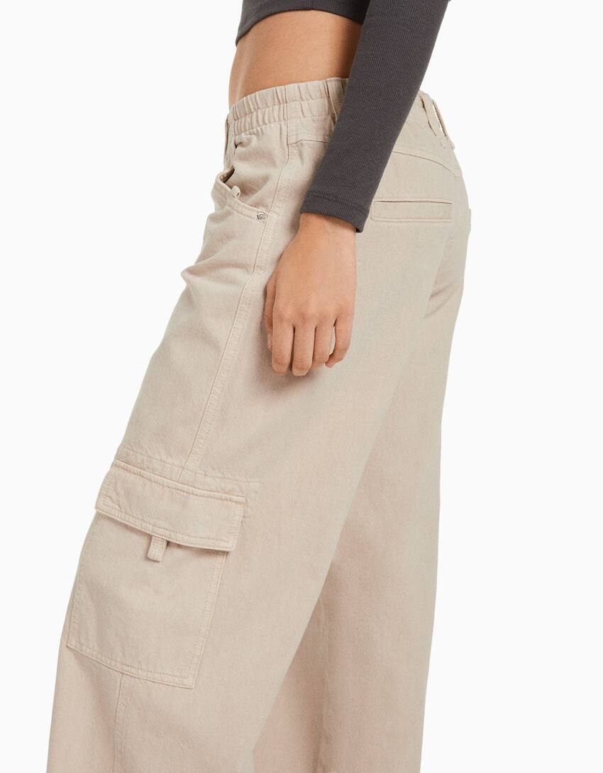 Straight fit twill cargo trousers with an elastic waistband-Stone-3