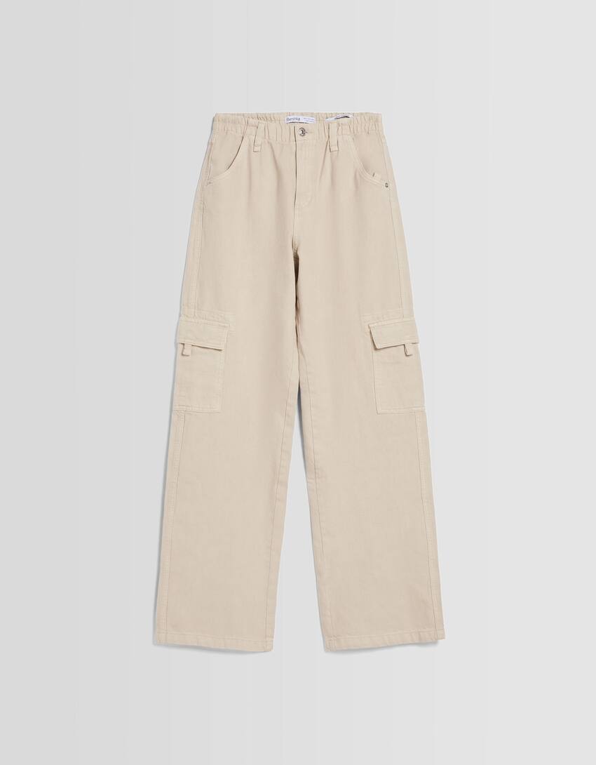 Straight fit twill cargo trousers with an elastic waistband-Stone-4