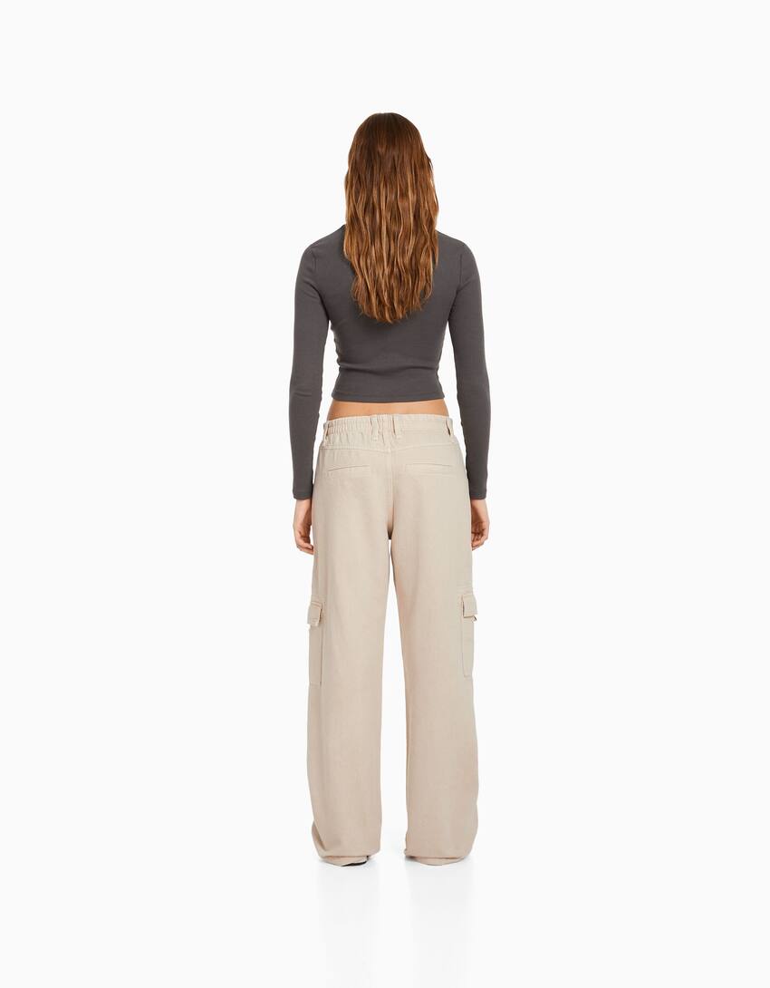Straight fit twill cargo trousers with an elastic waistband-Stone-2