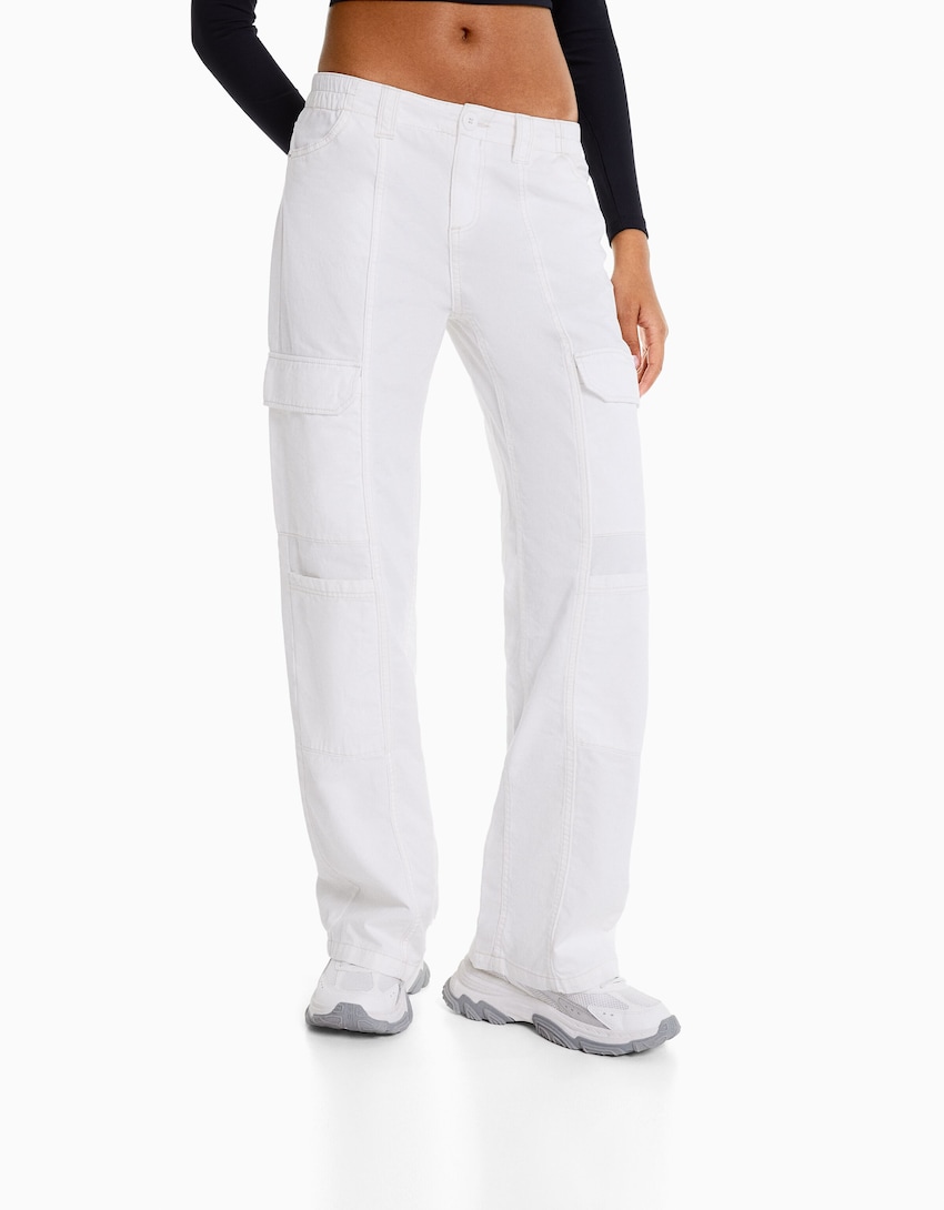 Low-waist cotton cargo pants with contrast thread-Off white-1