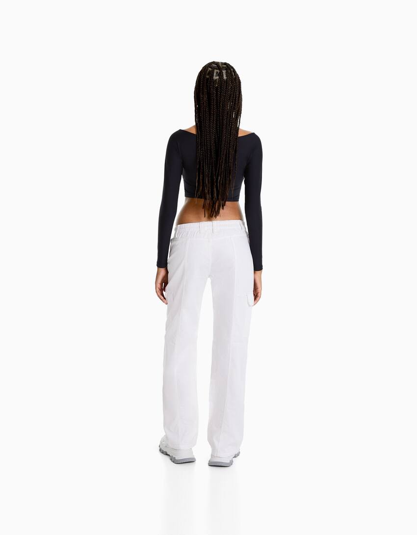 Low-waist cotton cargo trousers with contrast thread-Off white-2