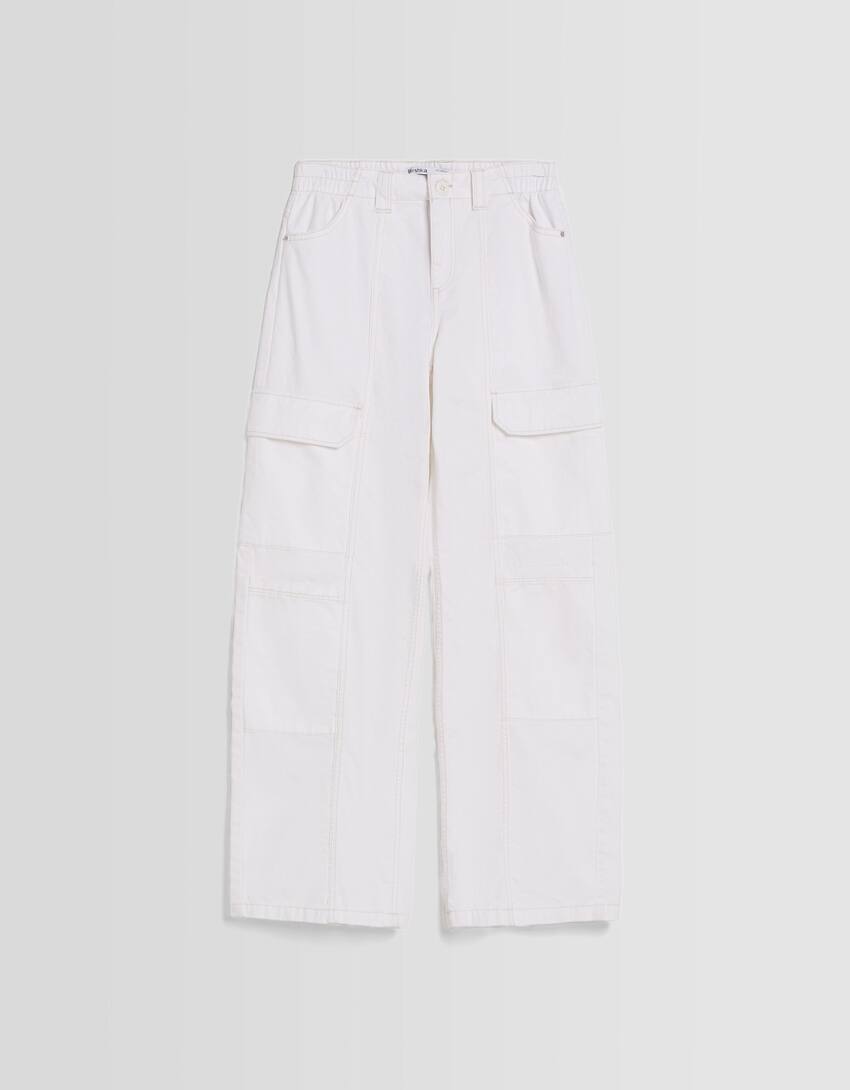 Low-waist cotton cargo trousers with contrast thread-Off white-4