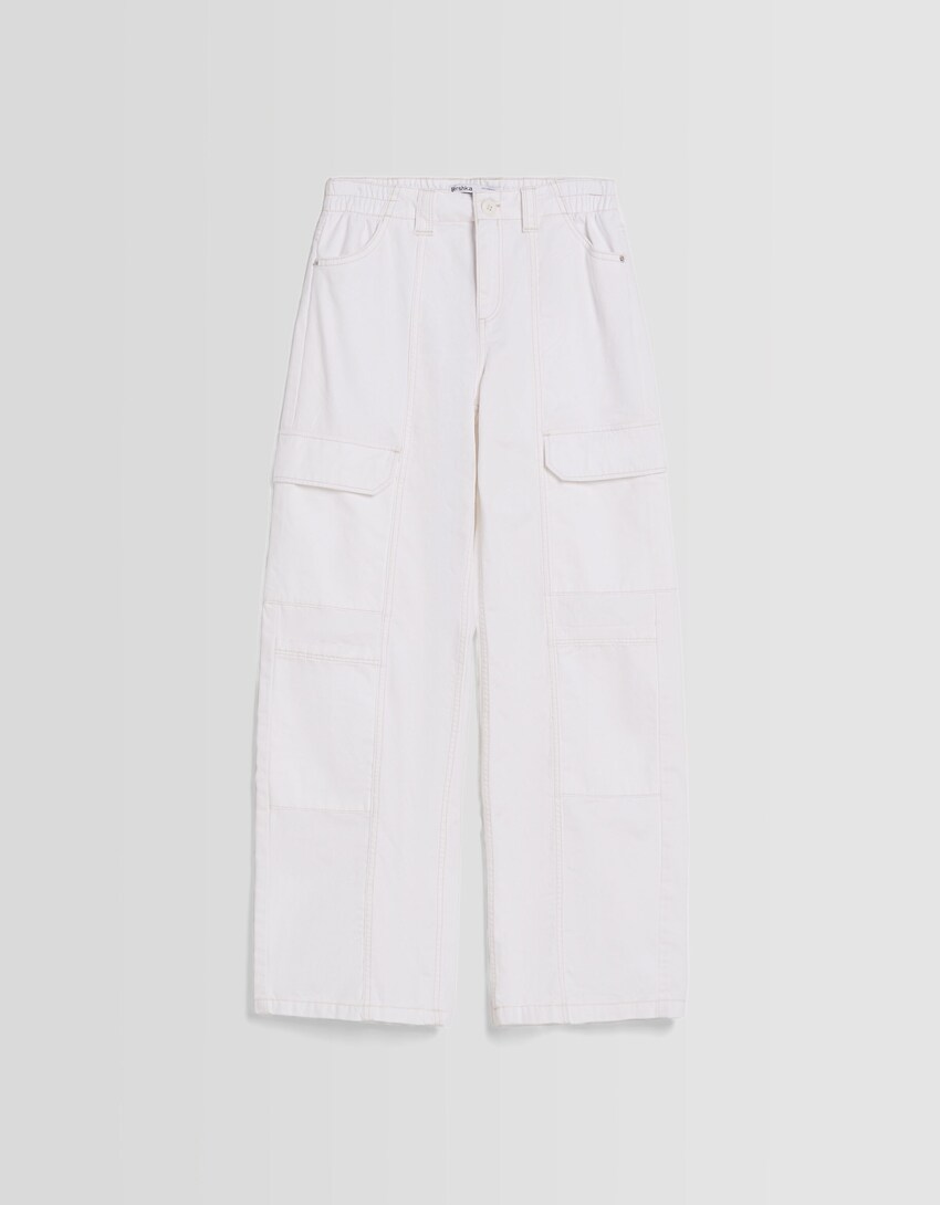 Low-waist cotton cargo pants with contrast thread-Off white-4